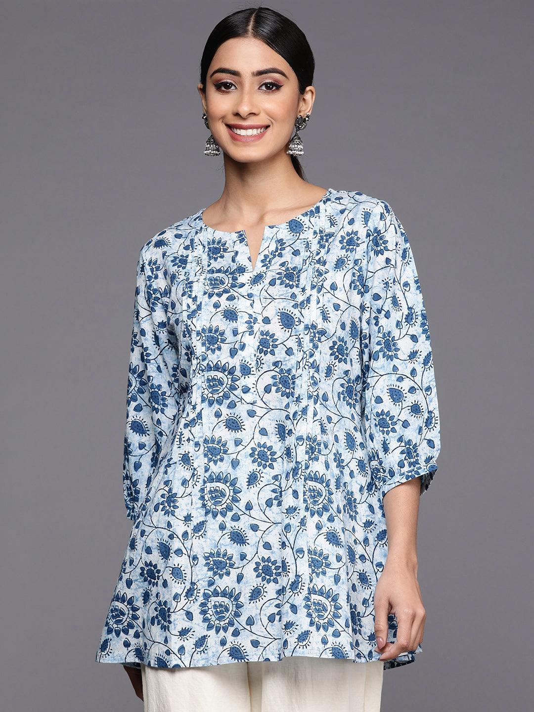 Blue Printed Cotton A-Line Kurti - ShopLibas