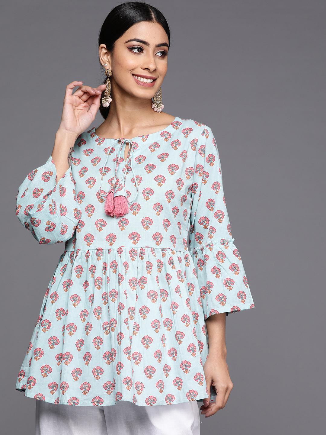 Blue Printed Cotton A-Line Kurti - ShopLibas