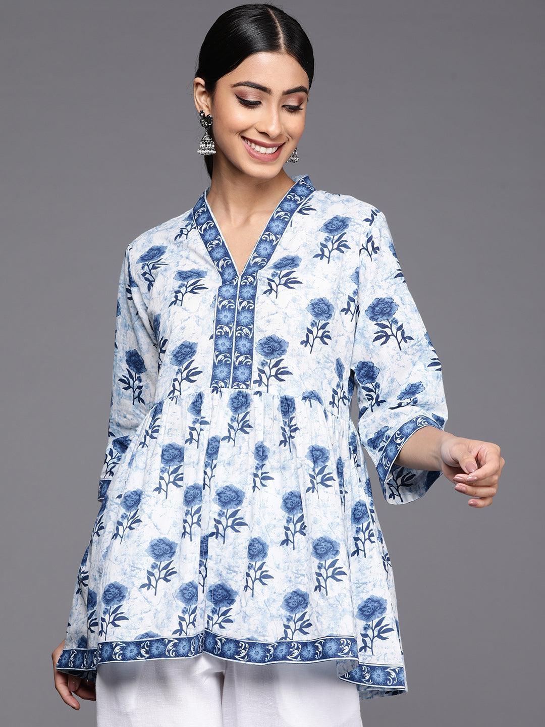 Blue Printed Cotton A-Line Kurti - ShopLibas