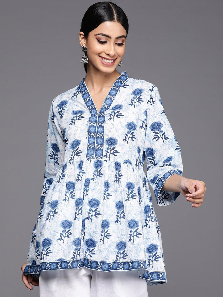 Blue Printed Cotton A-Line Kurti - ShopLibas