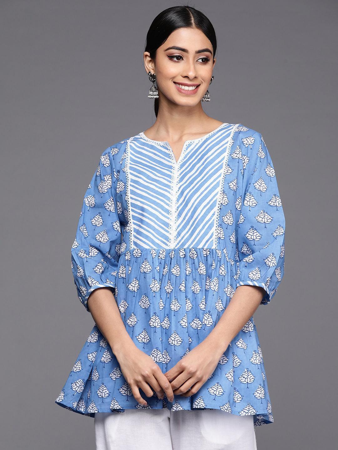 Blue Printed Cotton A-Line Kurti - ShopLibas