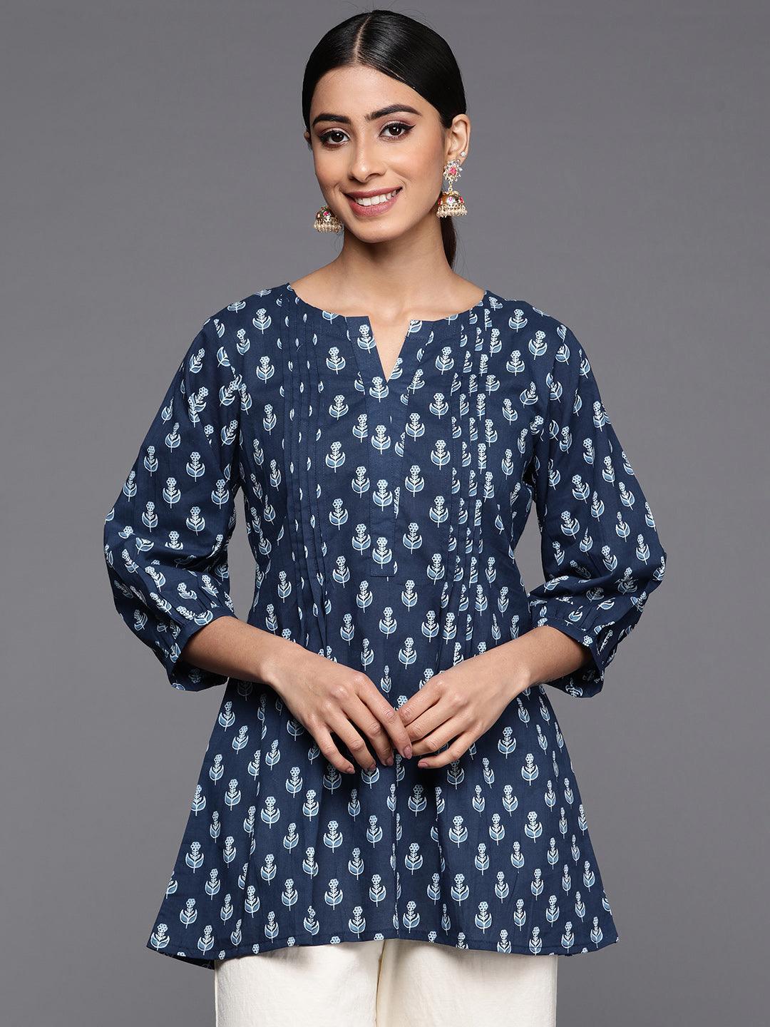 Blue Printed Cotton A-Line Kurti - ShopLibas