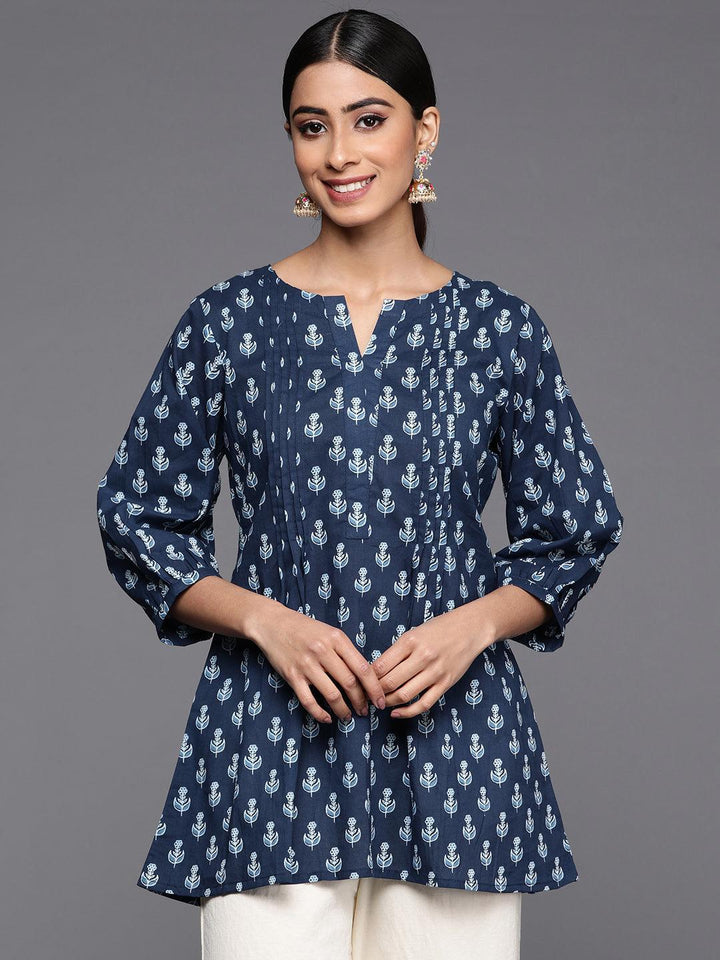 Blue Printed Cotton A-Line Kurti - ShopLibas