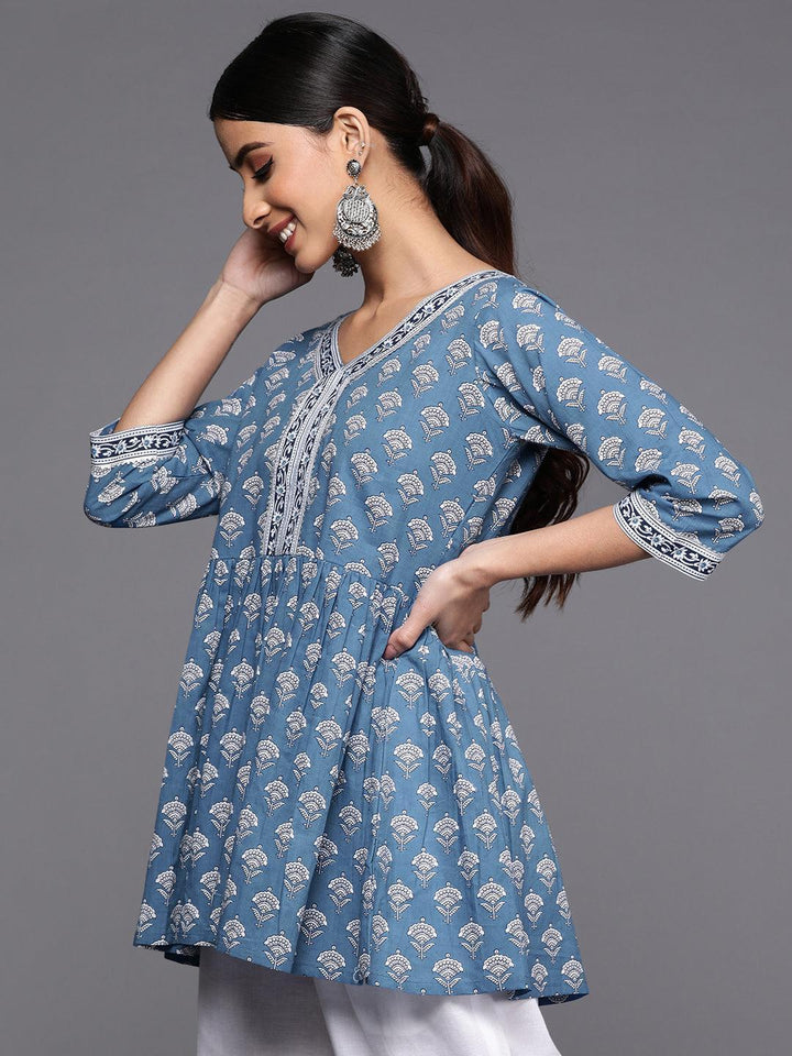 Blue Printed Cotton A-Line Kurti - ShopLibas