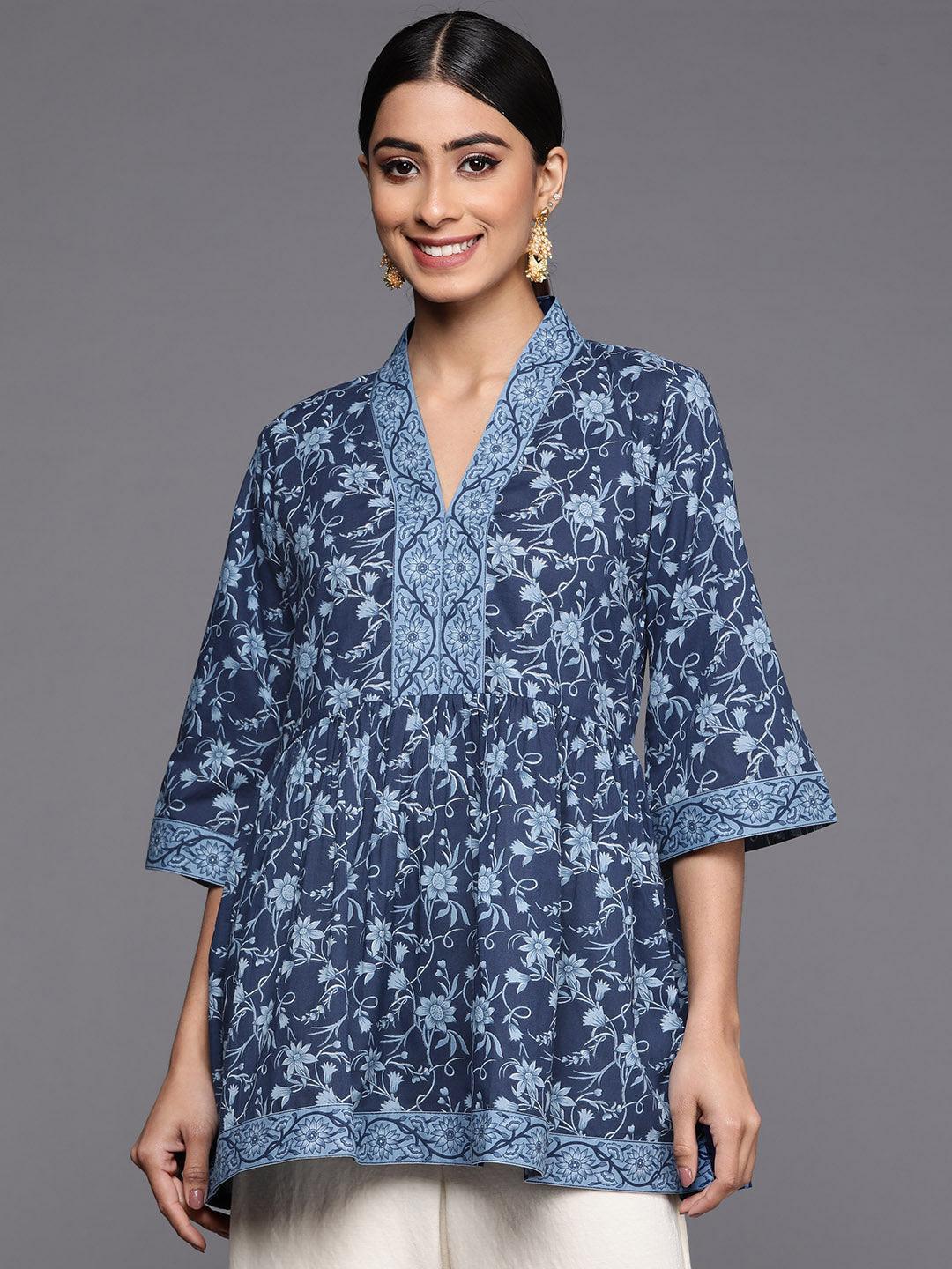 Blue Printed Cotton A-Line Kurti - ShopLibas