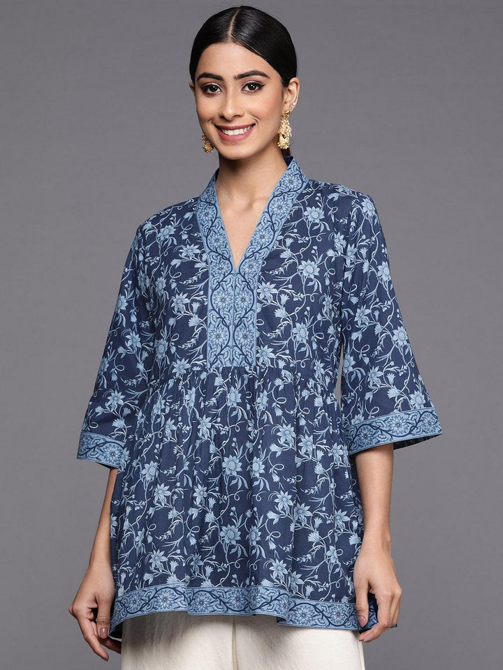 Blue Printed Cotton A-Line Kurti - ShopLibas