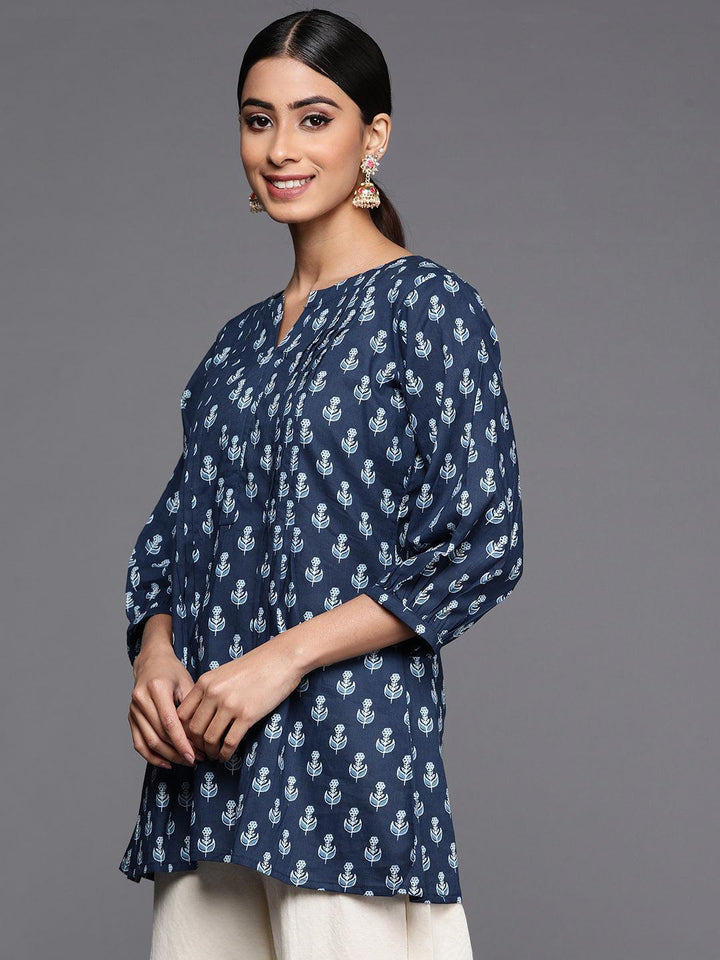 Blue Printed Cotton A-Line Kurti - ShopLibas
