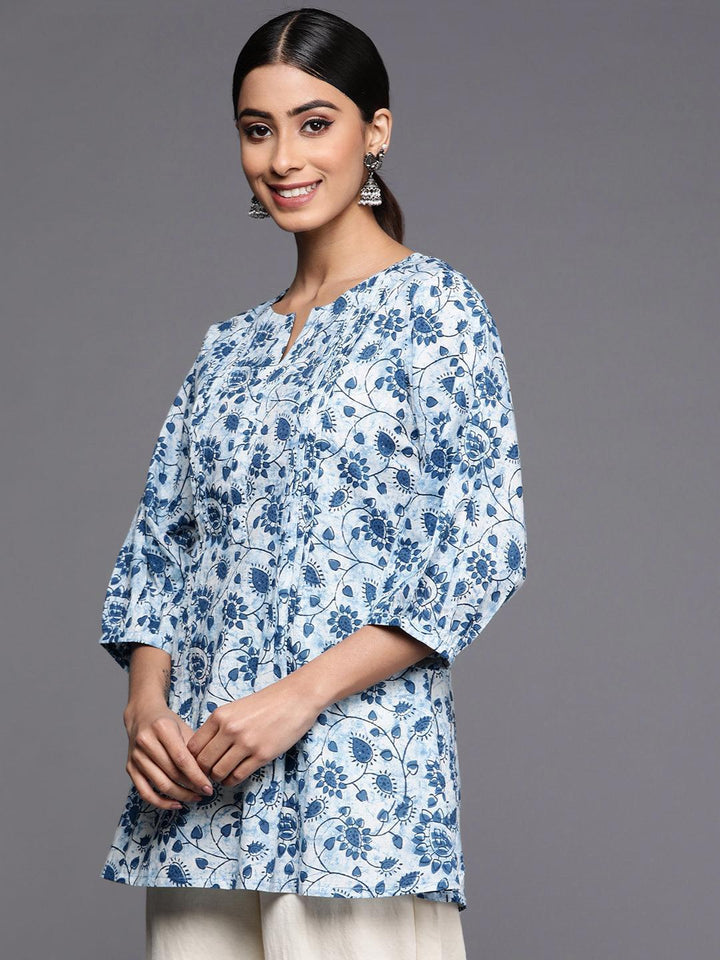 Blue Printed Cotton A-Line Kurti - ShopLibas