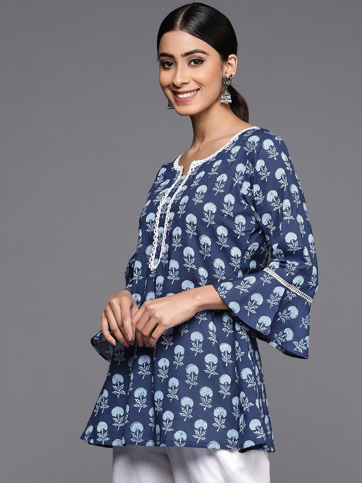Blue Printed Cotton A-Line Kurti - ShopLibas