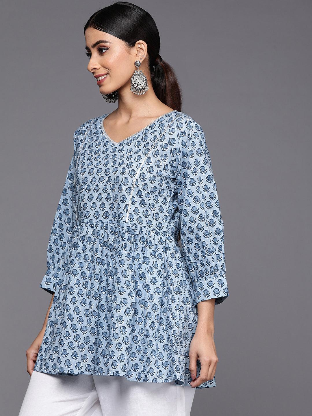 Blue Printed Cotton A-Line Kurti - ShopLibas