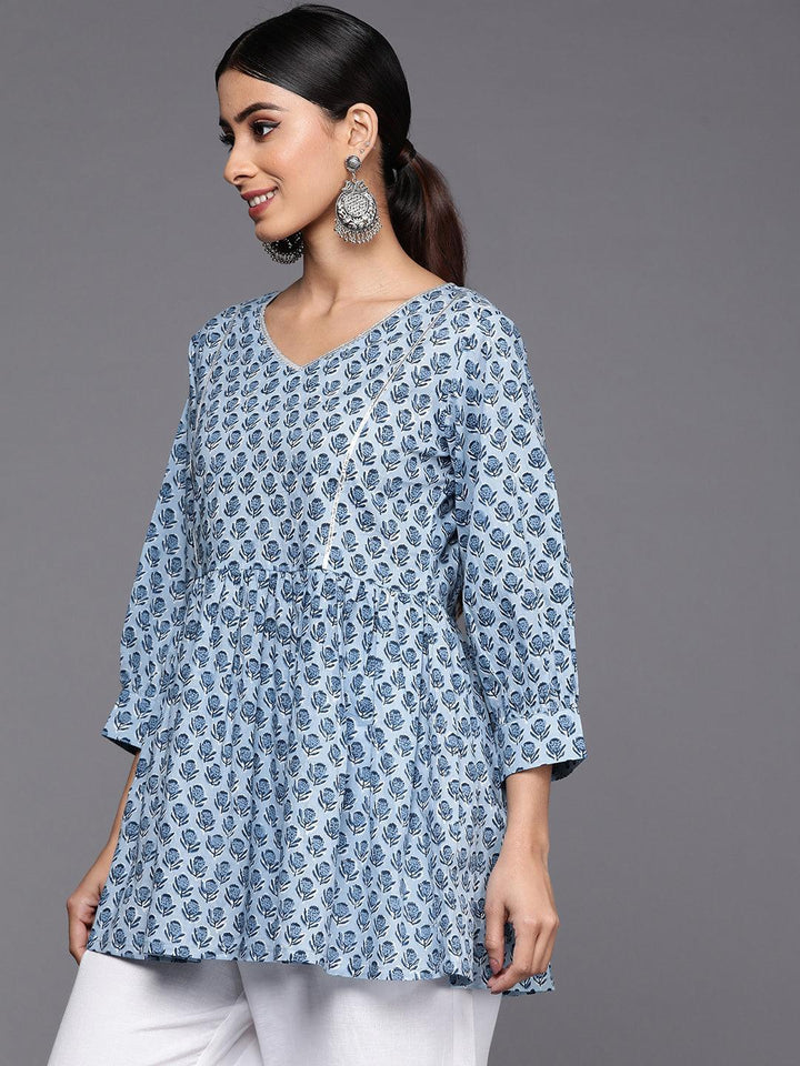 Blue Printed Cotton A-Line Kurti - ShopLibas