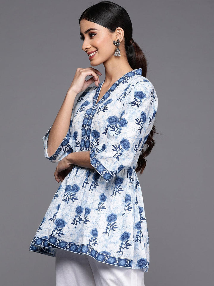 Blue Printed Cotton A-Line Kurti - ShopLibas