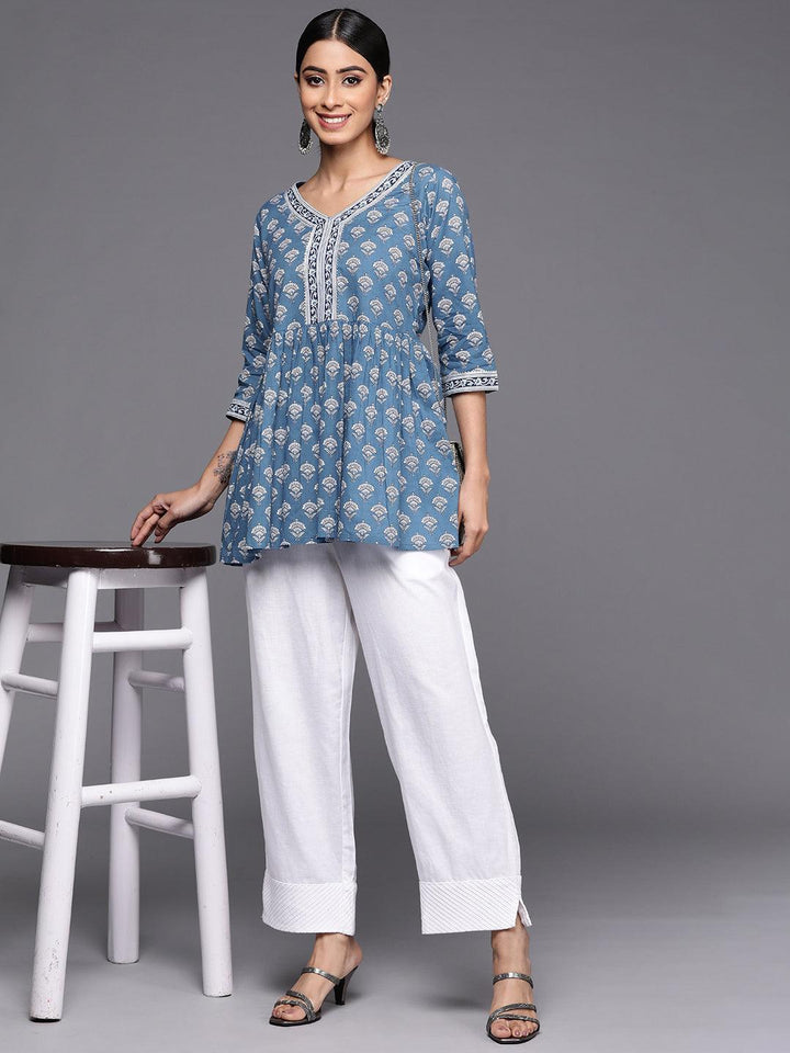 Blue Printed Cotton A-Line Kurti - ShopLibas