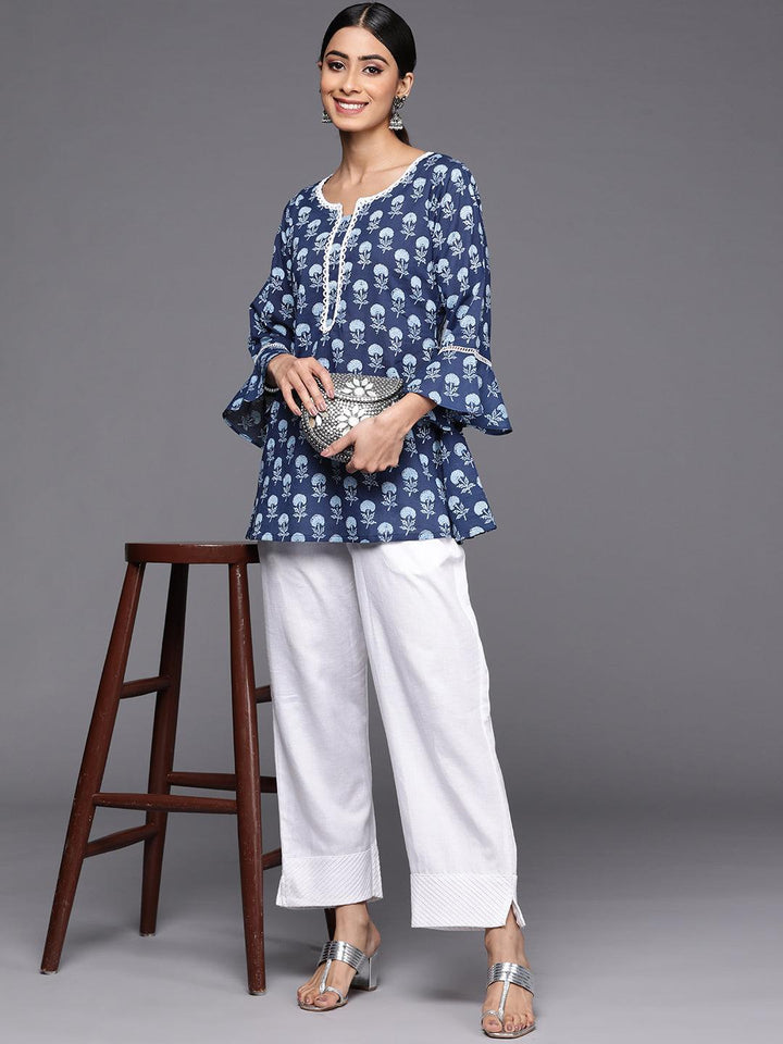 Blue Printed Cotton A-Line Kurti - ShopLibas