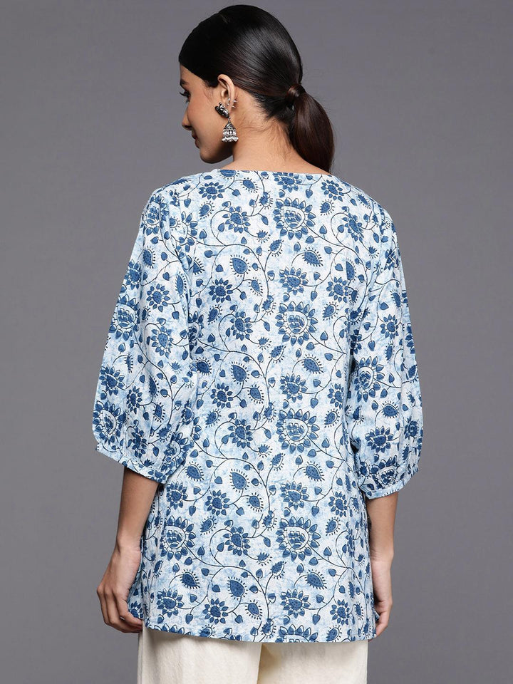 Blue Printed Cotton A-Line Kurti - ShopLibas