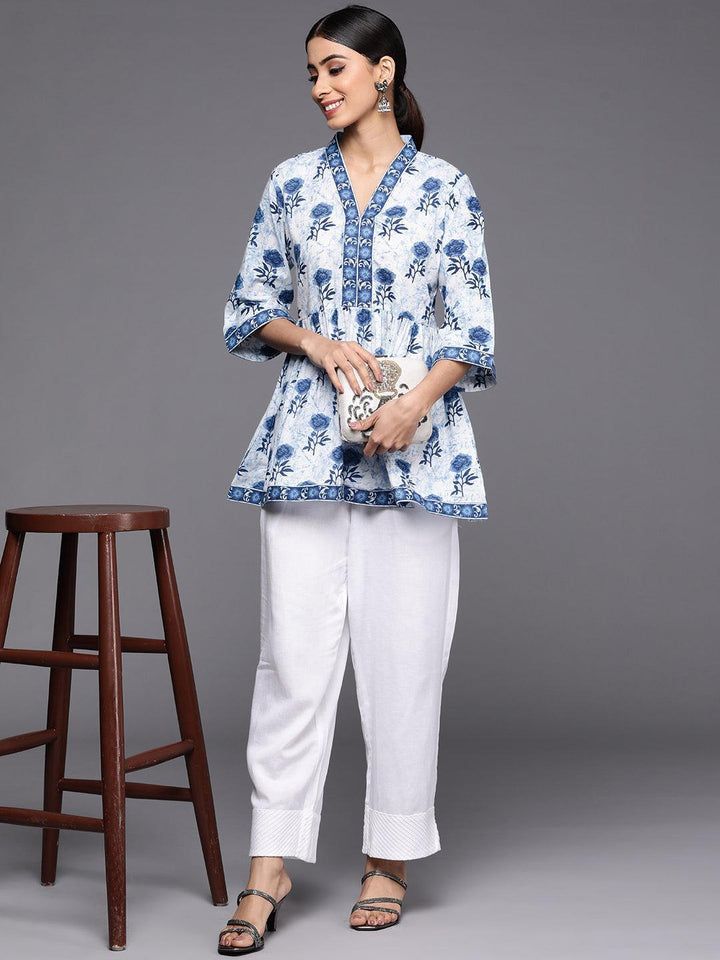 Blue Printed Cotton A-Line Kurti - ShopLibas