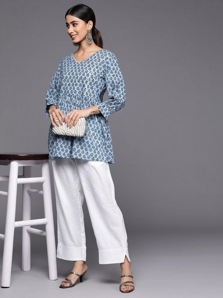 Blue Printed Cotton A-Line Kurti - ShopLibas