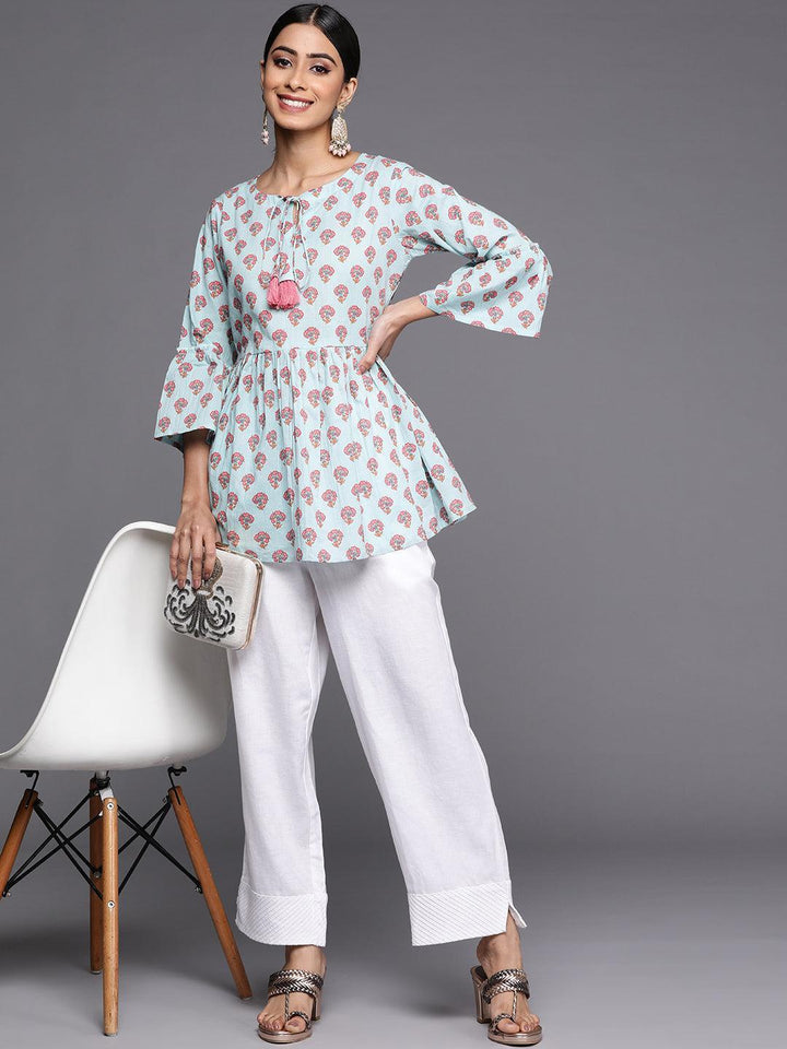 Blue Printed Cotton A-Line Kurti - ShopLibas