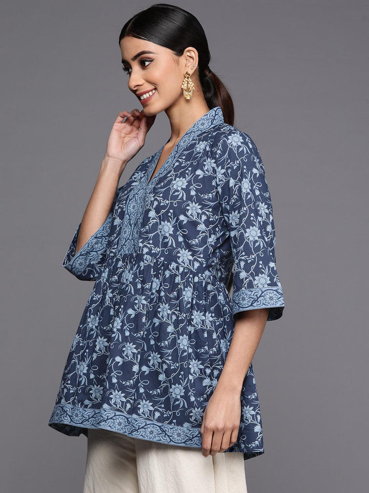Blue Printed Cotton A-Line Kurti - ShopLibas