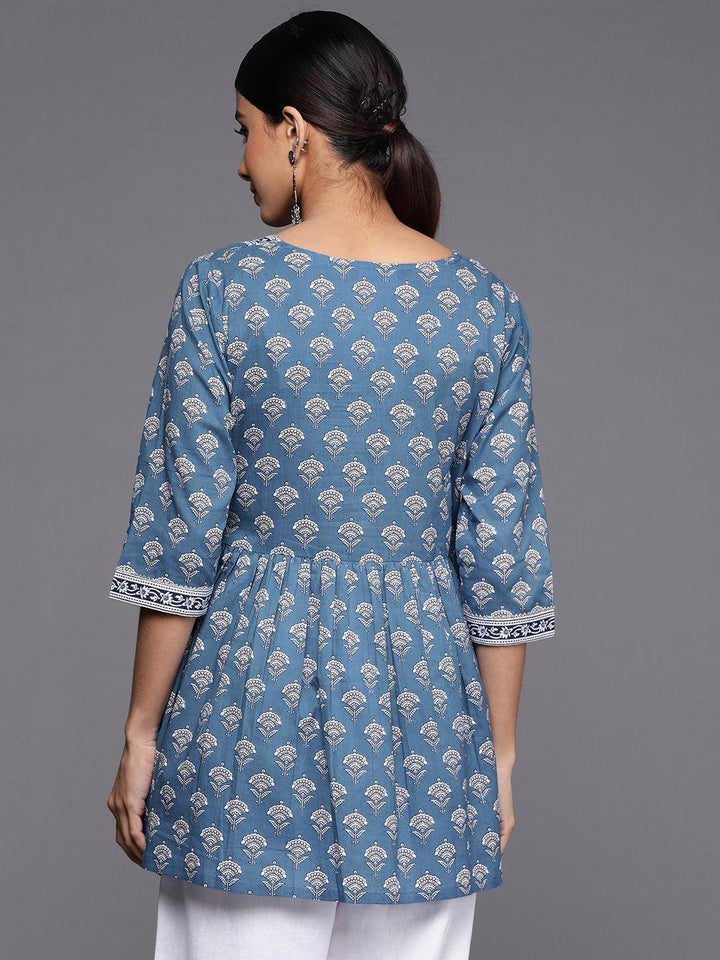 Blue Printed Cotton A-Line Kurti - ShopLibas