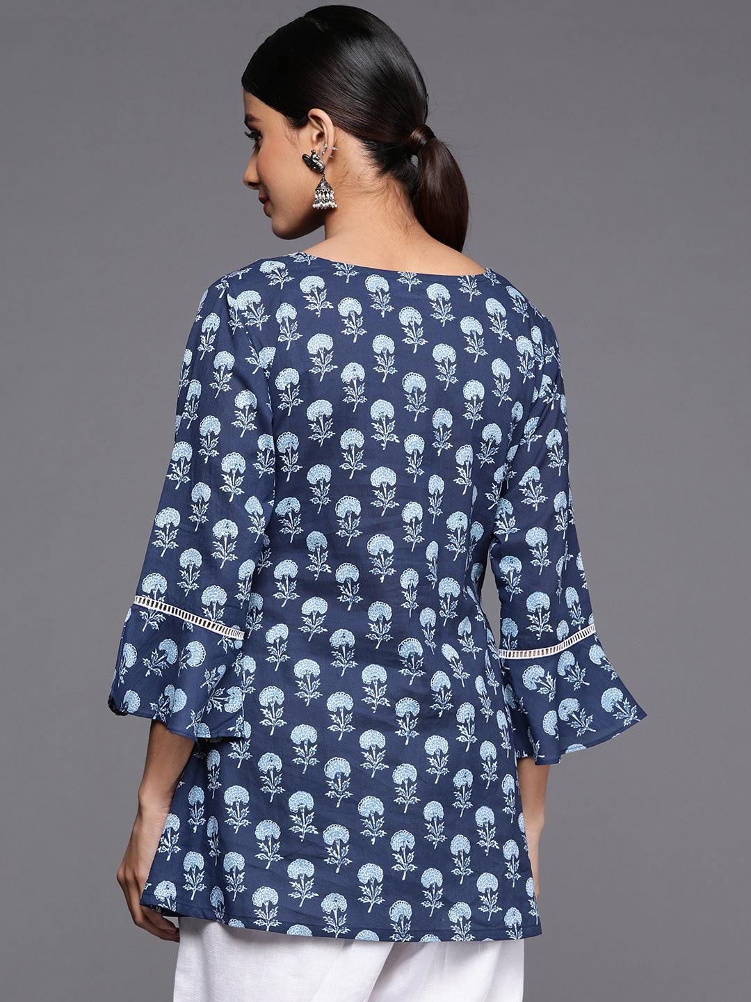 Blue Printed Cotton A-Line Kurti - ShopLibas