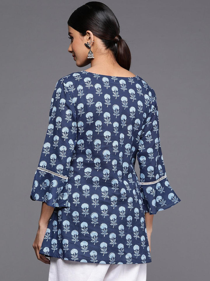 Blue Printed Cotton A-Line Kurti - ShopLibas