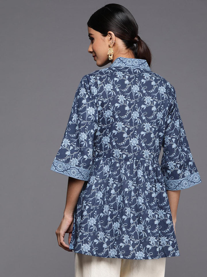 Blue Printed Cotton A-Line Kurti - ShopLibas