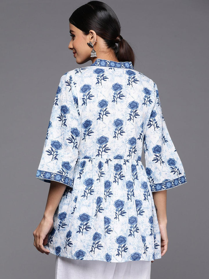 Blue Printed Cotton A-Line Kurti - ShopLibas