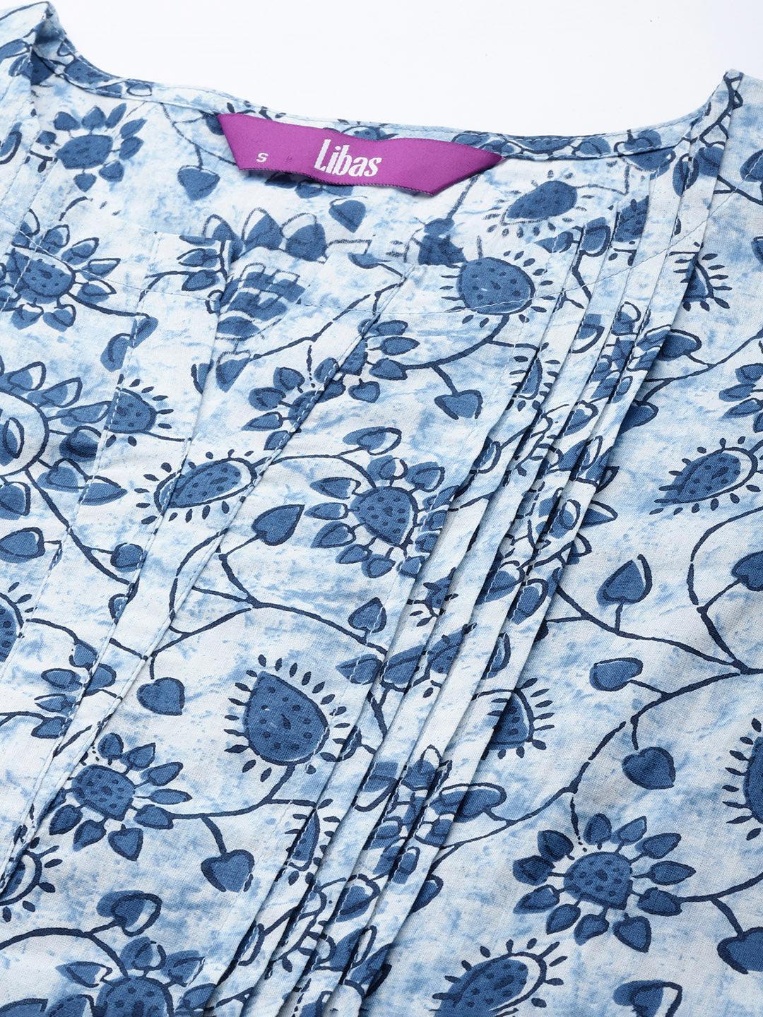 Blue Printed Cotton A-Line Kurti - ShopLibas