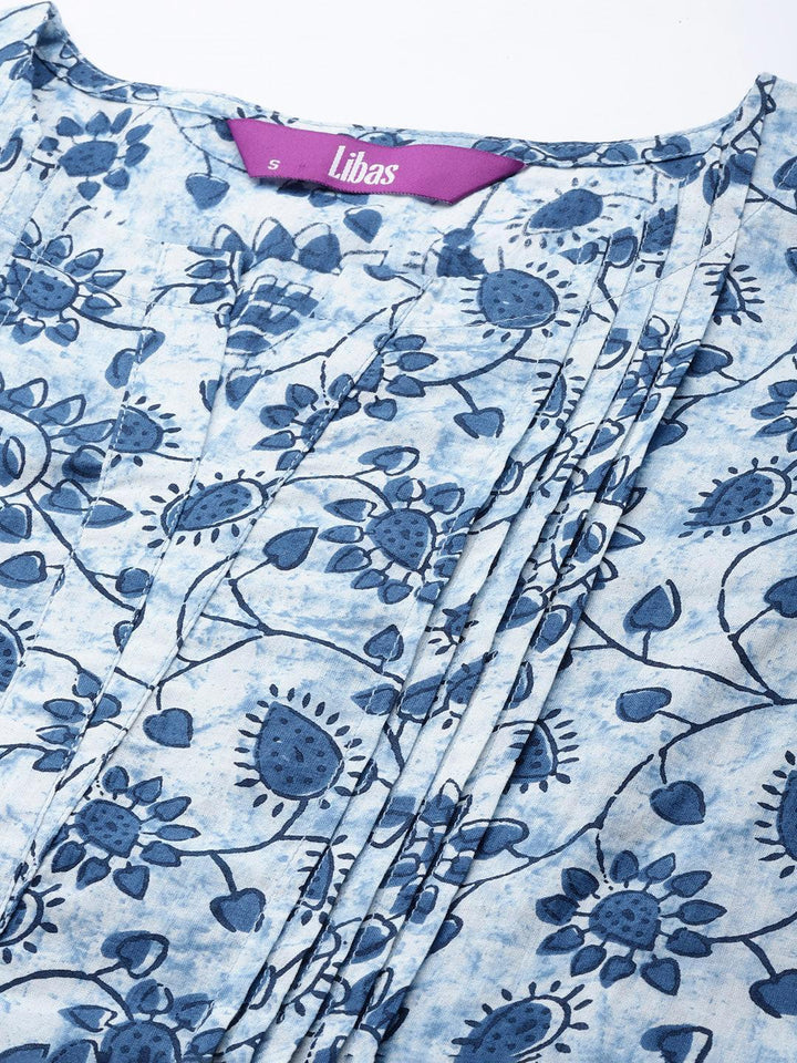 Blue Printed Cotton A-Line Kurti - ShopLibas