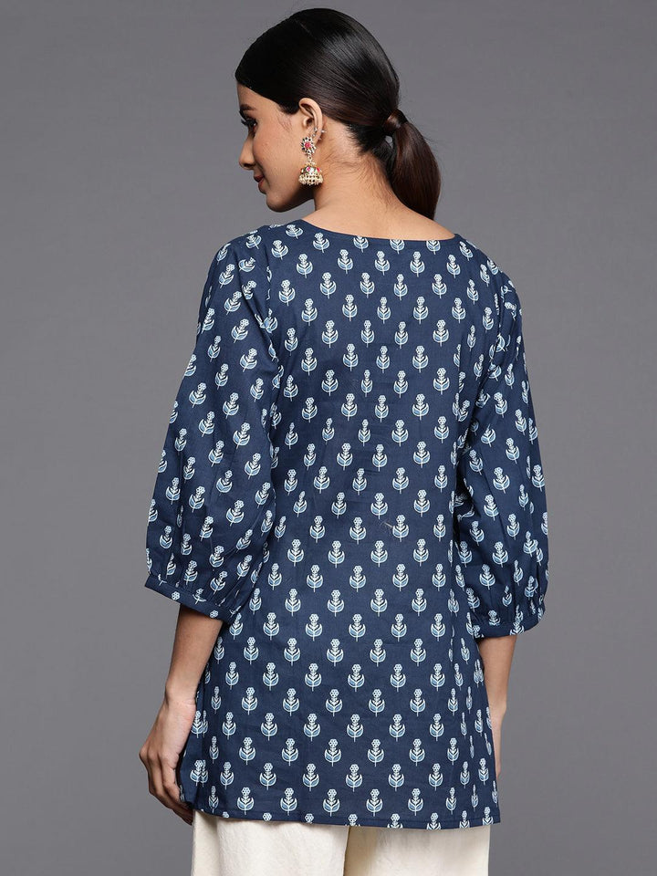 Blue Printed Cotton A-Line Kurti - ShopLibas
