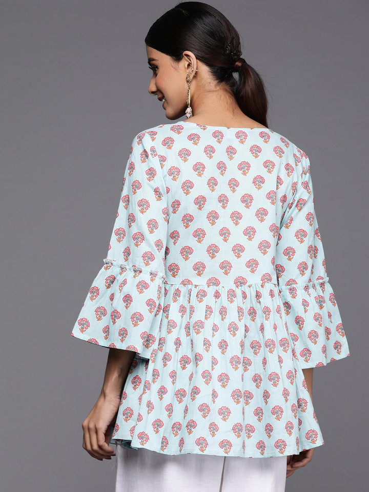 Blue Printed Cotton A-Line Kurti - ShopLibas