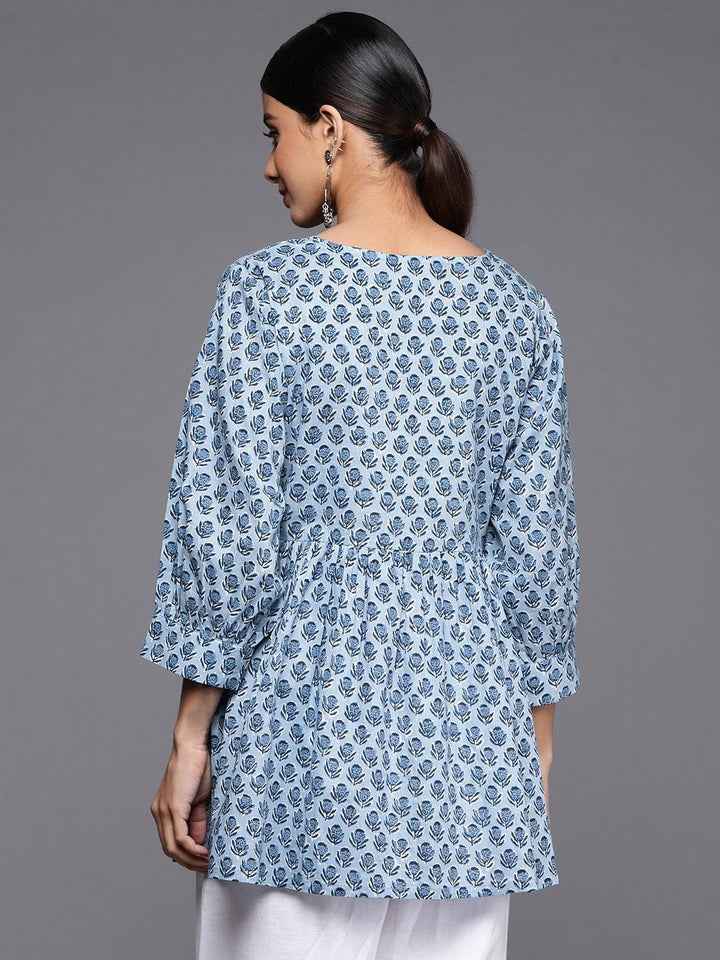 Blue Printed Cotton A-Line Kurti - ShopLibas