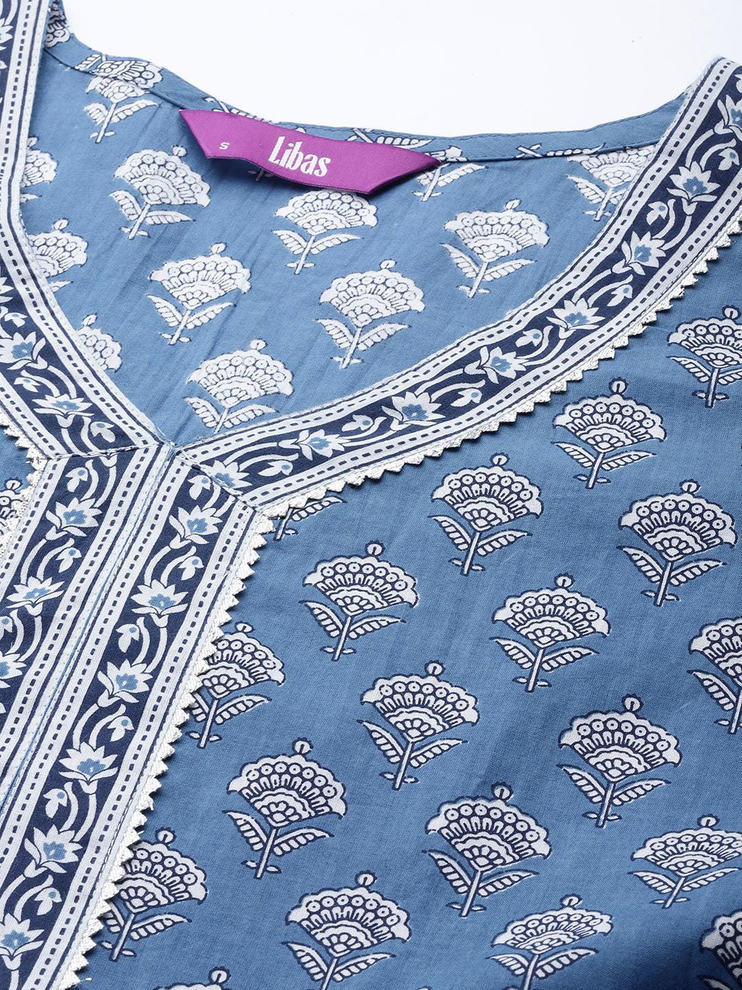 Blue Printed Cotton A-Line Kurti - ShopLibas