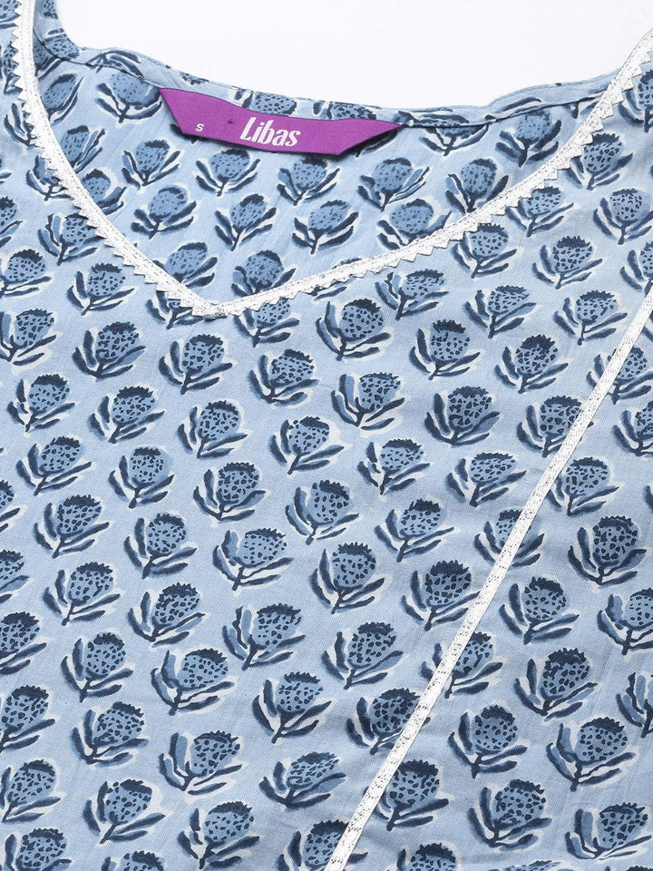 Blue Printed Cotton A-Line Kurti - ShopLibas