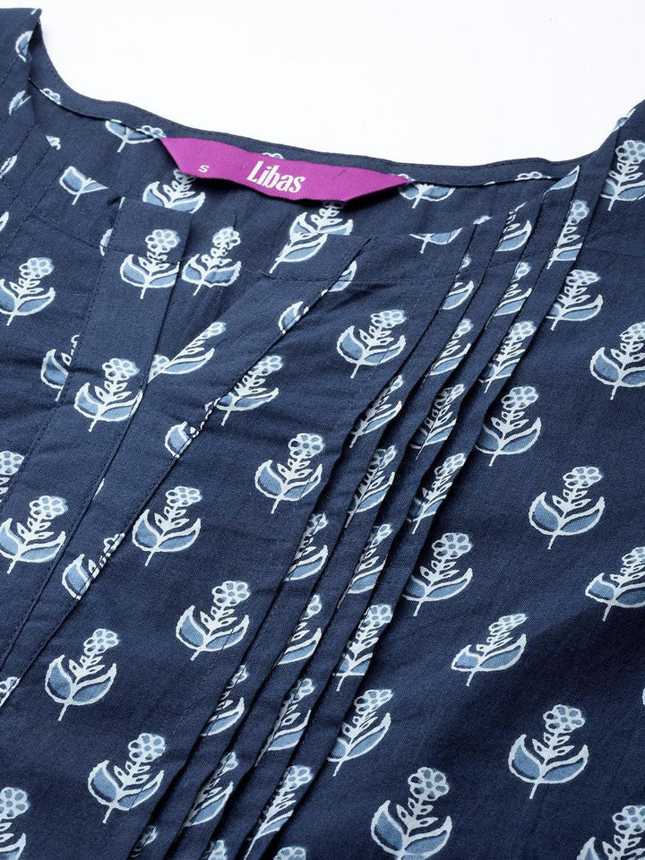 Blue Printed Cotton A-Line Kurti - ShopLibas