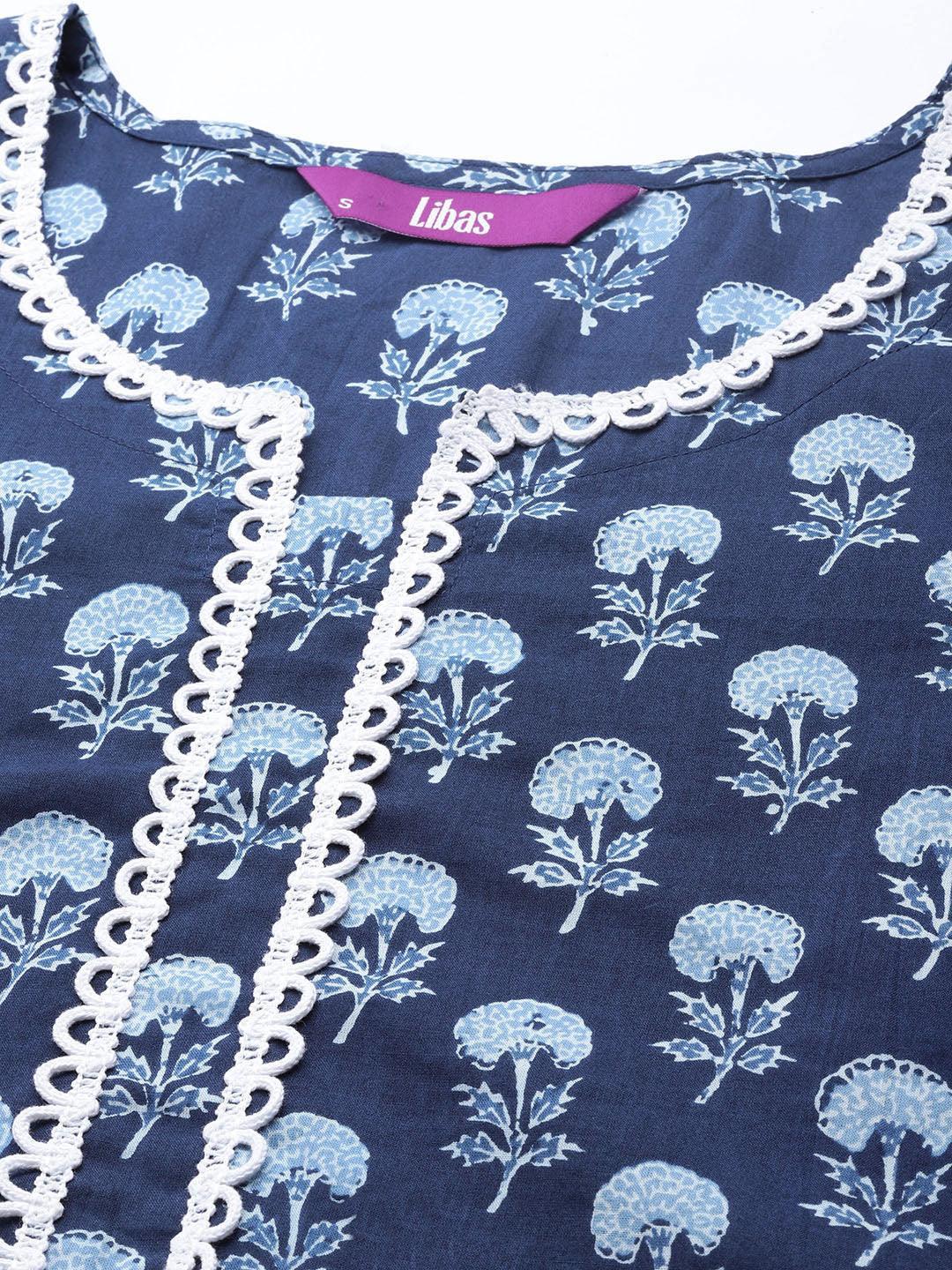 Blue Printed Cotton A-Line Kurti - ShopLibas