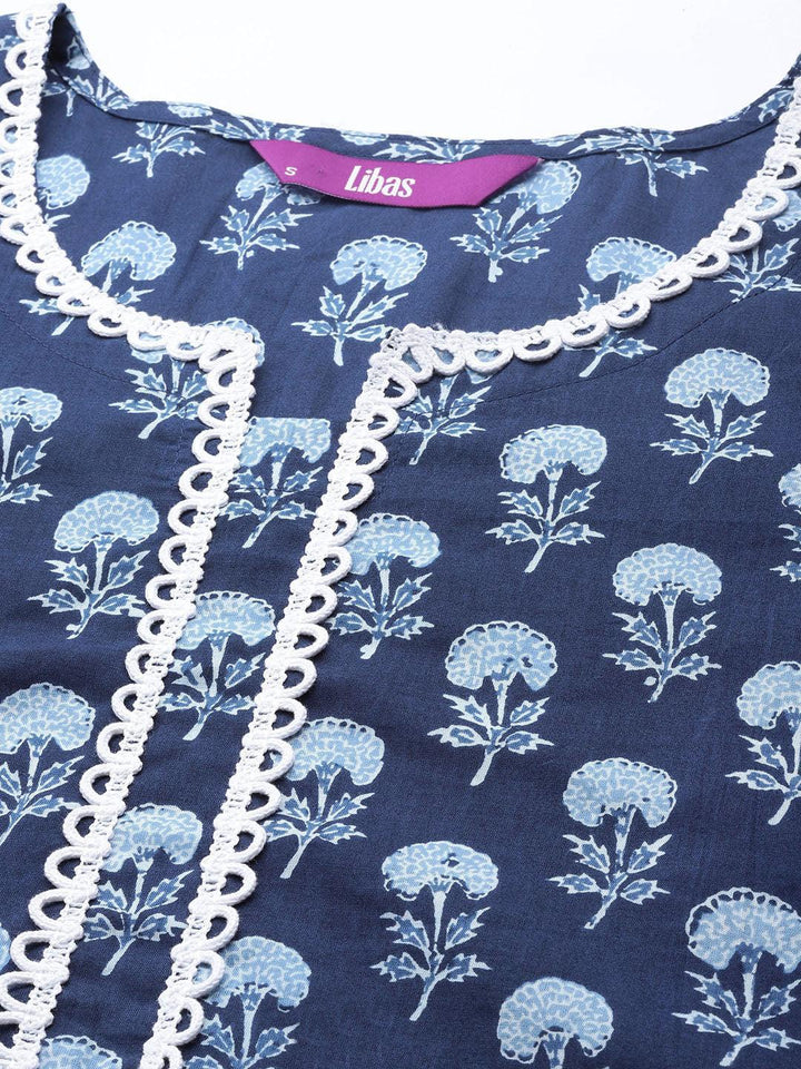 Blue Printed Cotton A-Line Kurti - ShopLibas