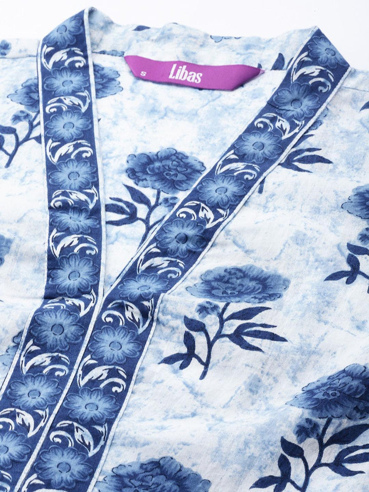Blue Printed Cotton A-Line Kurti - ShopLibas