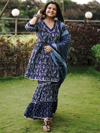 Blue Printed Cotton Anarkali Suit Set With Sharara - ShopLibas