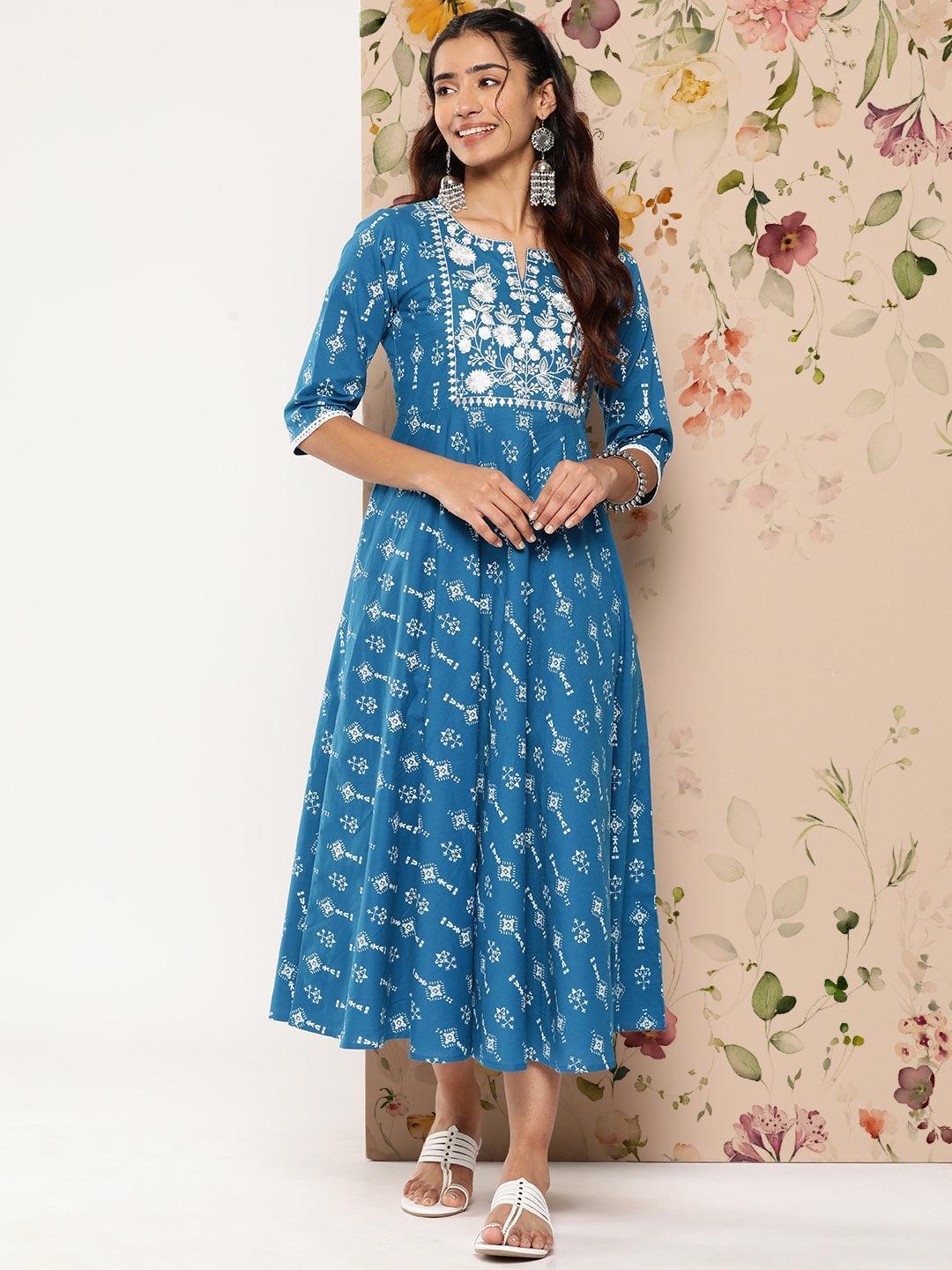 Blue Printed Cotton Fit and Flare Dress - Libas