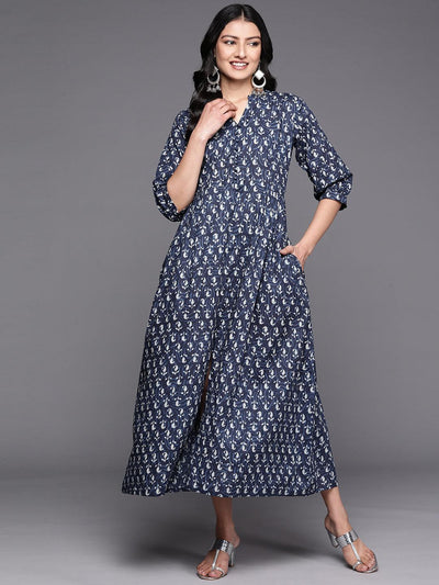 Blue Printed Cotton Fit and Flare Dress - ShopLibas