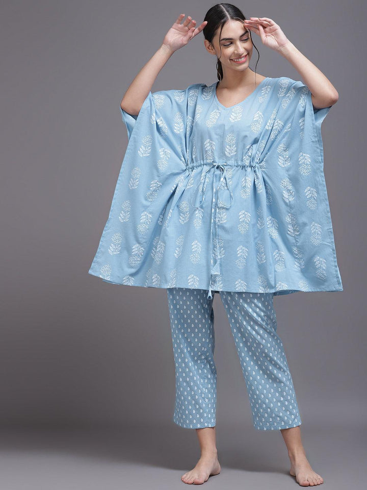 Blue Printed Cotton Night Suit - ShopLibas