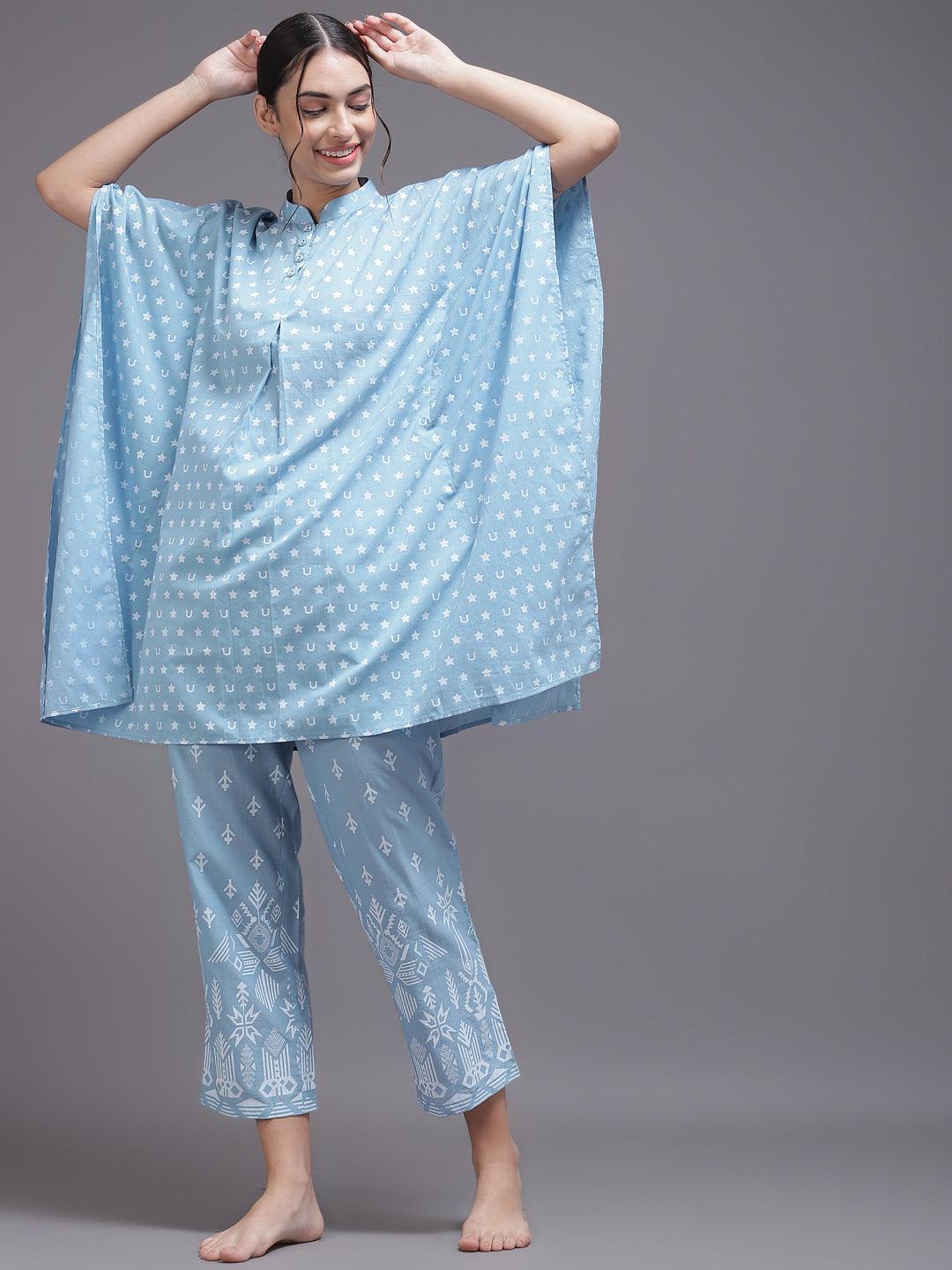 Blue Printed Cotton Night Suit - ShopLibas