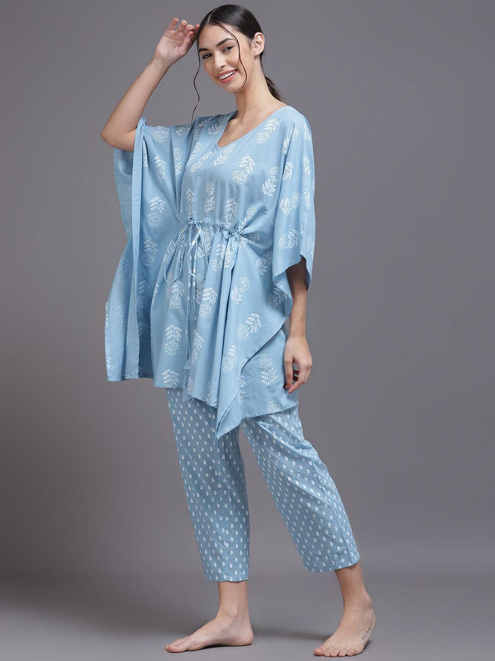 Blue Printed Cotton Night Suit - ShopLibas