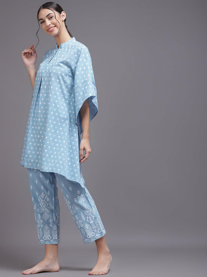 Blue Printed Cotton Night Suit - ShopLibas
