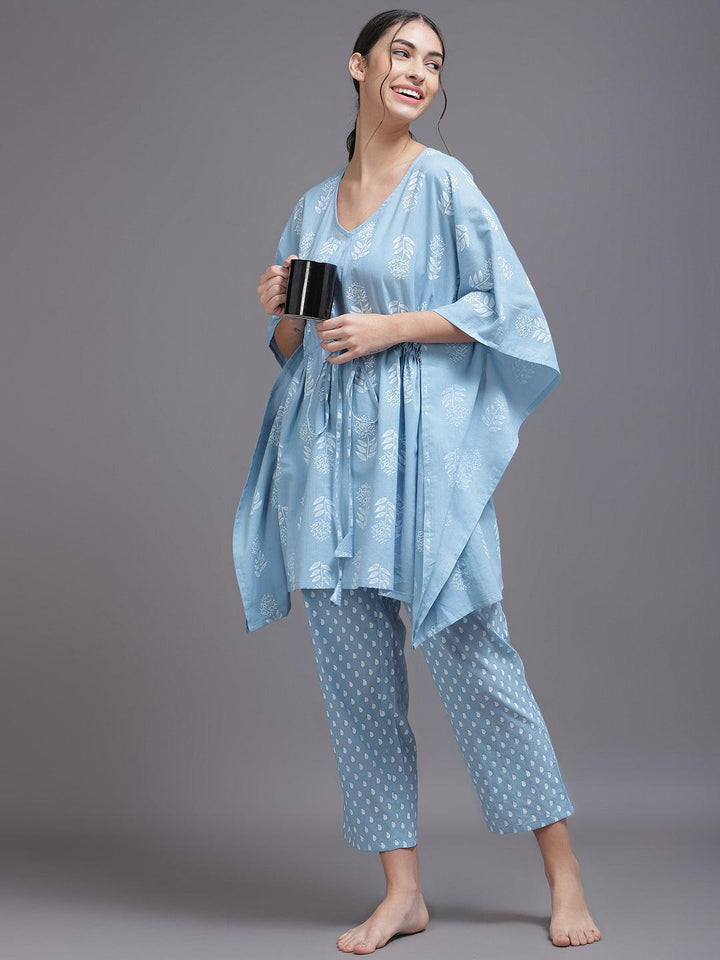 Blue Printed Cotton Night Suit - ShopLibas