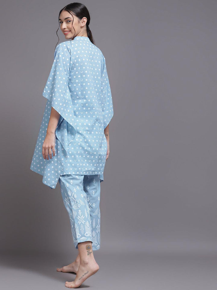 Blue Printed Cotton Night Suit - ShopLibas