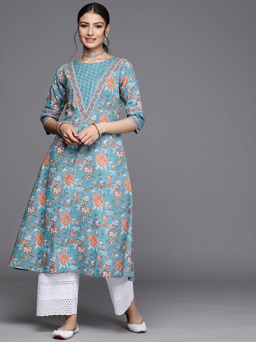 Blue Printed Cotton Kurta - ShopLibas