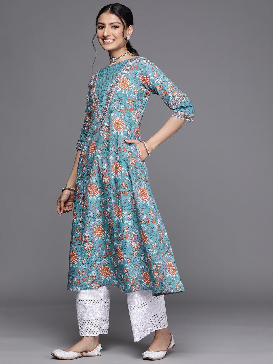 Blue Printed Cotton Kurta - ShopLibas